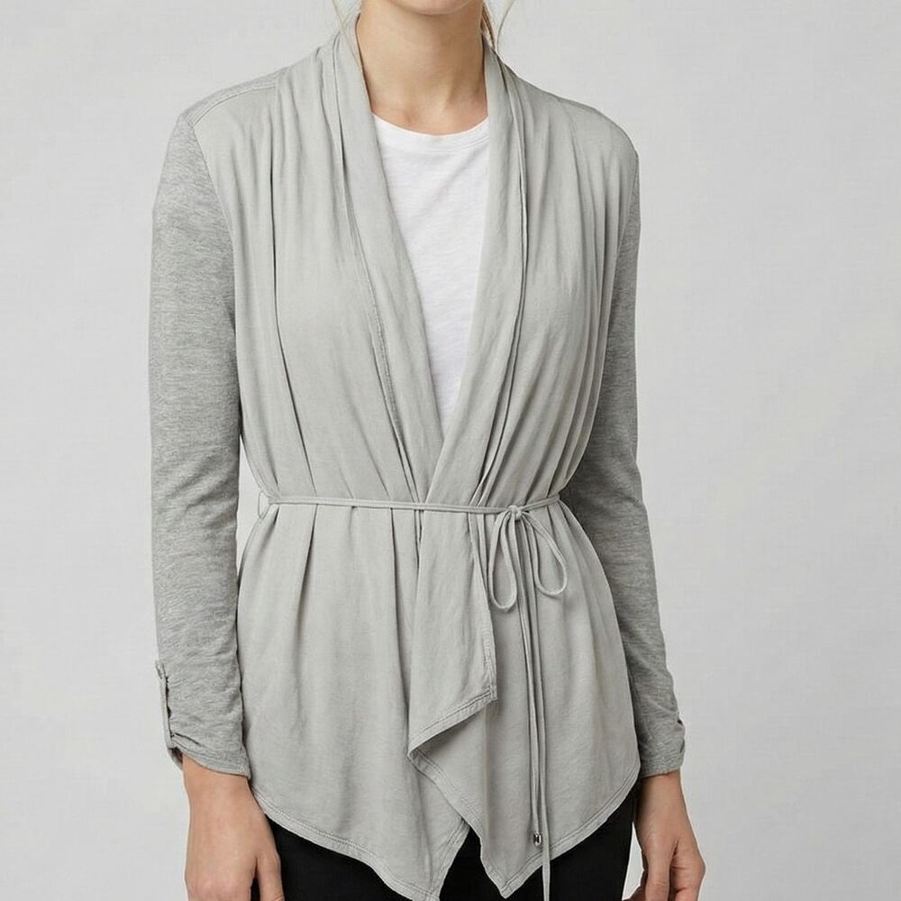Calvin Klein Small Gray Open Front 3/4 Sleeve Belted Cardigan Rayon Polyester